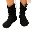 Botas de camurça plissadas para outono e inverno, bico redondo, solado plano, slip-on, botas femininas estilo western retrô de cano médio, tamanhos grandes 40 e 43