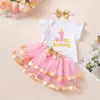 Venda Direta de Fábrica Transfronteiriça Vestido para Sessão de Fotos do Primeiro Aniversário do Bebê Macacão com Mangas Curtas Leves Saia de Gaze Fofa com Acabamento Dourado Conjunto de Acessórios de Cabelo