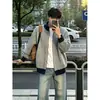 Cárdigan de punto trenzado con bloques de color americano para hombre, primavera/otoño, tejido holgado, hombro normal, cuello alto, chaqueta