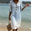 2026 Nuevo Vestido Largo Rayado de Cuello en V con Volantes y Botones Transfronterizo Moda Casual para el Trabajo Falda Larga Estilo Verano para Mujeres