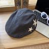 Chapéu Forward de Brim Lavado com Estrela Retro Americano para Mulheres Primavera e Verão Cabeça Grande Mostra Rosto Aba Pequena Chapéu de Boina de Pintor Newsboy