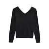 Estilo Chica Popular Cuello en V Delantero y Trasero Manga Larga Tejido Otoño e Invierno Nueva Moda Versátil Ajustado Corto Camiseta Básica para Mujer