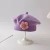Boina para Meninas para Outono e Inverno, Laço Bordado Doce, Chapéu de Lã Quente e à Prova de Vento, Boina de Tricô para Bebê Menina