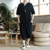 Traje de camiseta de manga corta de algodón y lino Conjunto de dos piezas de lino de verano Estilo japonés retro estilo chino de moda Marca Pantalones cortos holgados recortados