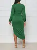 089 Vestido Sexy Cruzado Europeo y Americano para Mujer, Ajustado a la Cadera, Escote en V Profundo, Cintura, Mangas de Farol, Plisado, Abertura, Vestido de Fiesta