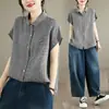 Verano 2026 Nuevo Estilo Japonés y Coreano Elegante para el Trabajo de Alto Nivel Hilo Teñido Algodón y Lino Camisa Artística Manga Corta Ajustado Cárdigan Top
