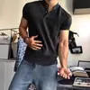 Camisa Polo Negra de Manga Corta para Hombre Estilo Americano Henry Ropa de Fitness Camiseta Deportiva Waffle