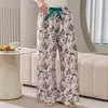 Algodón Seda Familia Primavera y Otoño Pantalones de Pijama de Algodón Seda para Mujer Pantalones de Pierna Ancha Estilo Delgado Algodón Artificial Usables Afuera Pantalones Casuales para el Hogar