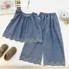 Conjunto de Verão para Meninas 2026 Colete Jeans Top Renda Floral Calça Wide Leg Conjunto Casual de Duas Peças para Menininha