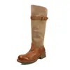 Botas vaqueras de mujer de piel de vaca de capa superior + ante de vaca, botas altas de invierno de cuero genuino con punta redonda y tacón medio desgastadas