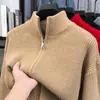 Cardigã versátil de cor sólida para homens, suéter espesso, jaqueta com zíper e gola alta quente para primavera e outono, malha masculina