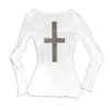 Estilo Europeu e Americano Outono 2025 Nova Moda Personalizada Tendência de Rua Top Sexy de Manga Longa com Estampa Cruzada de Strass