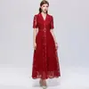 Exclusivo para comercio electrónico transfronterizo: Elegante vestido rojo de encaje con cuello de traje, manga corta, vestido formal largo para banquete de bodas, verano