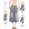 Calça Jeans Cropped Estampada de Estrelas Retrô para Mulheres, Novo Estilo Americano de Verão, Desgastada Solta de Perna Larga Reta 7/8