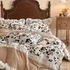 Juego de Cuatro Piezas Jacquard de Algodón y Lino Clase A, Estilo Francés de Lujo Ligero con Encaje Grande, Esquinas Redondeadas y Bordes Fruncidos, Juego de Ropa de Cama con Sábana y Funda de Edredón
