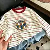 Camiseta de manga larga a rayas de retazos de algodón puro para niños, nuevo estilo primavera y otoño, camiseta básica elegante y holgada para niños