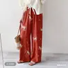 Calça de Pijama de Seda de Algodão para Mulheres, Estilo Fino para Primavera e Verão, Tamanho Grande, Caimento Solto, Calça de Perna Larga de Algodão Artificial, Pode Ser Usada Fora de Casa, Versátil, Cintura Alta, Leve