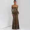 Comercio Exterior Moda Femenina Europea y Americana Elegante Encaje Patchwork Hombros Descubiertos Abertura Manga Larga Fruncido Vestido Largo