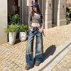 Jeans Feminino de Polipropileno Outono Estilo Americano Novo Coreano Cintura Baixa Retrô Desgastado Lavado Solto Reto Perna Larga