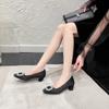 Zapatos de tacón grueso de satén estilo francés de una sola capa, zapatos de tacón alto casual diario, color liso, hebilla cuadrada con diamantes, slip-on, zapatos de tacón alto nuevos de una sola capa