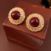 Pendientes Vintage de Aguja Plateada con Gota Roja de Aceite y Espigas Redondas de Trigo, Pendientes Retro de Alta Gama para Mujer
