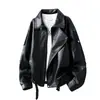 Chaqueta de Cuero Estilo Motocicleta Retro con Cuello Caído para Hombre, Corte Holgado, Longitud Corta, Negro y Marrón, Abrigo Casual, Favorecedor y Elegante