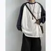Camiseta Raglan Color Block Estilo Japonês, Design Unissex, Bolso Simples Casual Patchwork Manga Longa