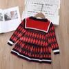 Ropa coreana de otoño e invierno niña pequeña solapa grande Cárdigan a cuadros falda plisada conjunto de dos piezas talla 90-130 conjunto de falda tejida