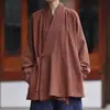 Nova túnica estilo chinês modificada Hanfu masculina, de manga comprida, gola cruzada com amarração, corte solto, inspirada no Zen, para leigos, feita de tecido grosso.
