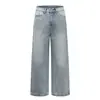Jeans Flare de Cintura Alta Europeu e Americano, Silhueta Solta de Perna Larga, Nicho, Desgastado, Branco Desbotado, Strass, Calças Retas Casuais para Homens e Mulheres