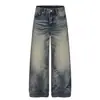 G6998 Calle Principal Estilo Americano Unisex Modernos Jeans de Mezclilla Lavada con Diseño de Bigotes de Gato para Hombre de Pierna Ancha Sueltos