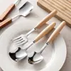 Espátula Cuchara de Acero Inoxidable con Mango de Madera para Uso Doméstico, Cuchara para Sandía, Cuchara de Madera de Haya Estilo Japonés, Tenedor, Cuchara Creativa de Cabeza Cuadrada, Cuchara Tenedor para Postre