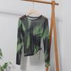 Camiseta de manga larga de malla fina teñida con efecto tie-dye, de verano, para mujer, con cintura lateral, cordón ajustable, plisada, combinable, 8937