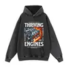 Sudadera con Estampado de Carreras y Texto en Inglés, Sudadera Pullover Oversize Vintage Lavada Estilo Americano, Sudadera con Capucha Casual al por Mayor
