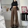 Pantalones Largos Casuales de Pierna Ancha Color Café de Gama Alta Vintage para Mujer Primavera/Otoño 2026 Tallas Grandes de Cintura Alta que Cubren la Cadera Pierna Recta de Longitud al Suelo Pantalones de Piel