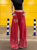 Pantalones de Chándal Casuales con Estampado Lavado Estilo Retro Americano para Mujer, Diseño Holgado Pantalones de Pierna Ancha, Pantalones de Baile Callejero Jazz Modernos
