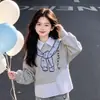 Sudadera de estilo académico de tamaño mediano para niños con diseño de cien rayas y bloques de color, imitación de dos piezas, conjunto de dos piezas de jeans con dibujos animados lindos para niñas, moderno