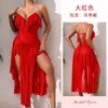 Corrente Cruzada Europeia e Americana Sexy Camisola para Mulheres Babado Fenda Dupla Malha Transparente Irregular Vestido Longo 896