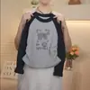 Camiseta Rosa Pintada à Mão com Estampa de Gato para Meninas, Design Falso de Duas Peças com Mangas Roxas Contrastantes, Top Juvenil Soltinho para Crianças, Roupa de Outono