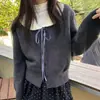 Cardigã de tricô com blocos de cor transfronteiriços, estilo doce, gola boneca, amarração, para mulheres, novo casaco suéter top para outono e inverno de 2026
