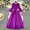 Vestido Estilo Palacio Europeo para Mujer con Diseño de Borla Cuello en V Delgado Largo Vestido Plegado Miyake con Manga de Campana para Mujer