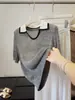 Tricô de Gola V Manga Curta Colorido Contrastante Estilo Coreano para Mulheres, Novo Estilo de Verão, Vazado, Ajustado ao Corpo, Rejuvenescedor, Top Casual Versátil