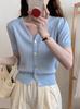 Cardigã de Tricô Azul Francês com Decote em V e Manga Curta Feminino Fino Cintura Curta Top Básico Cintura Pinçada Camisa Pequena A3623