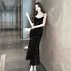 Vestido con Tirantes de Socialité Francesa Vestido para Mujer Camisa de Noche Cumpleaños Sexy Lentejuelas Cuello en V Cintura Cola de Pez Falda Larga