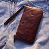Billetera larga retro para hombre hecha a mano, clutch de cuero genuino, piel de vaca curtida vegetal, casual, con cremallera, múltiples tarjetas, bolsa para teléfono para mujer