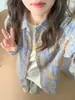 Cardigan Retrô de Luxo Leve Camisa Xadrez Amarela e Azul Design Feminino para Primavera, Verão e Outono Blusa de Manga Longa Jaqueta Feminina Tendência
