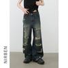 Jeans de pierna ancha con lavado de borde crudo en mezclilla Nirben para hombre, nueva marca de moda, costuras deshilachadas, pantalones rectos holgados