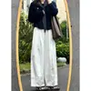 Calça branca casual estilo japonês tipo balão para mulheres, calça versátil de perna larga nova para primavera e outono, para baixinhas, calça cargo curva que emagrece