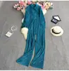 Nueva Moda Estilo Ins Europeo y Americano Color Caramelo Holgada Camisa de Manga Larga Push-up Pantalones de Pierna Ancha Elásticos para traje Mujer