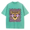 [Transfronteiriço 230g] Camiseta Feminina Retro Lavagem Ácida Estampa de Leopardo Estampa de Desenho Animado Gola Redonda Algodão Manga Curta Moda